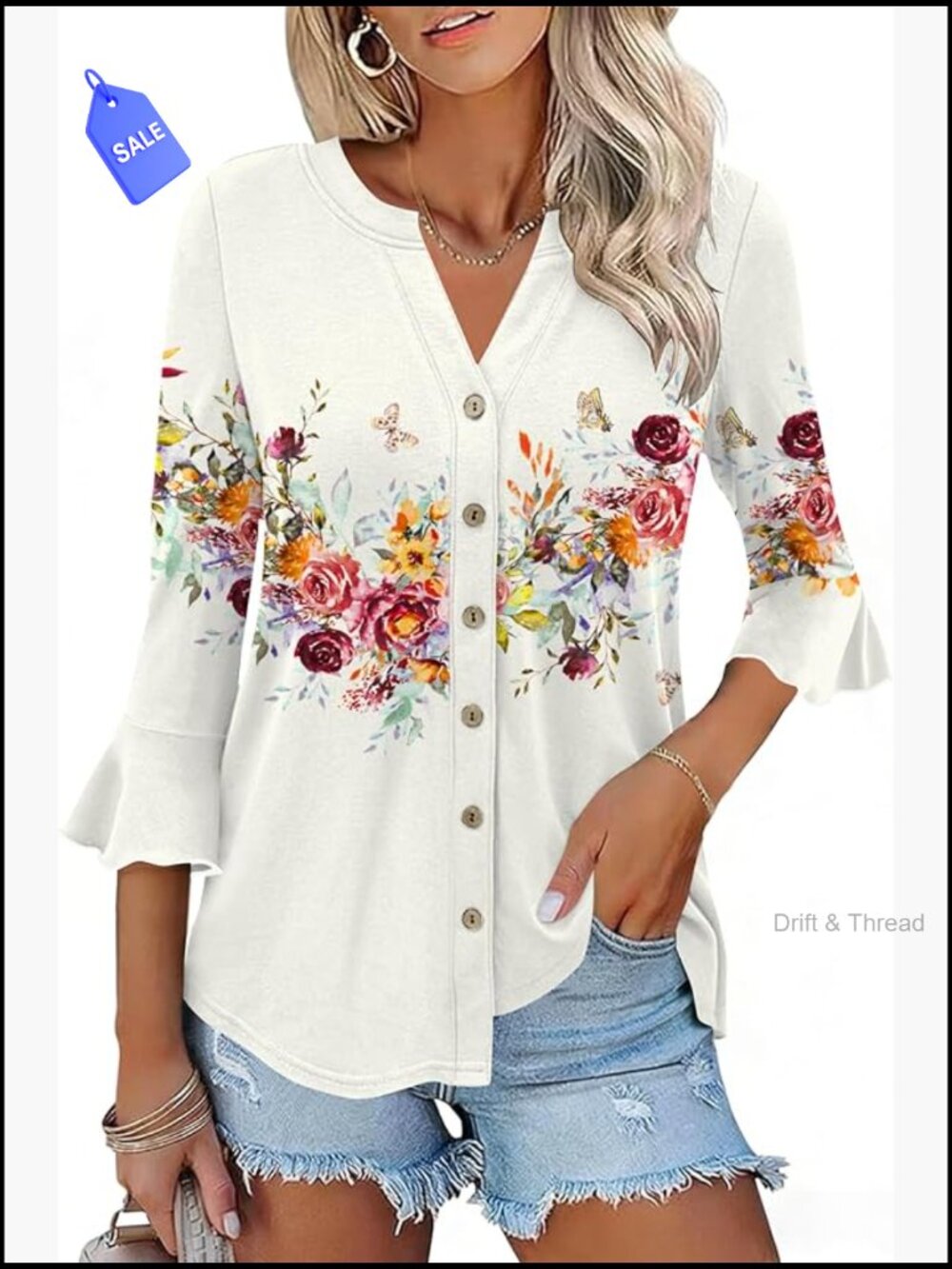 Women's 3/4 Sleeve Button Down V-Neck Ruffle Bell Sleeve Tunic